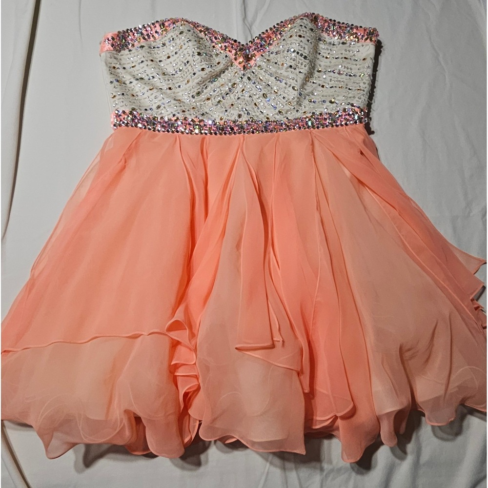 Mori Lee Cocktail Dress Womens 18 Peach Beaded Chiffon Ruffle Prom Homecoming